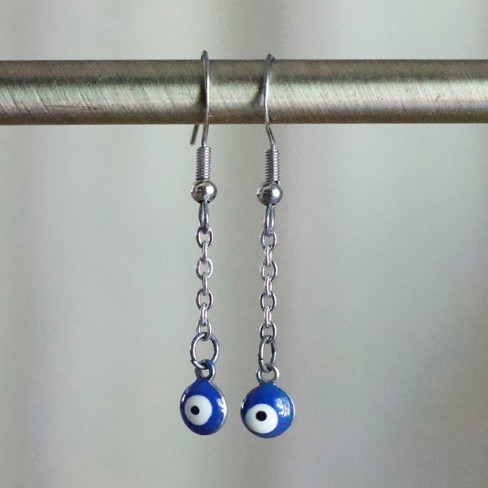 Handmade Blue Evil Eye Drop Earrings Silver Tone Enamel Nazar Protection Dangle‎